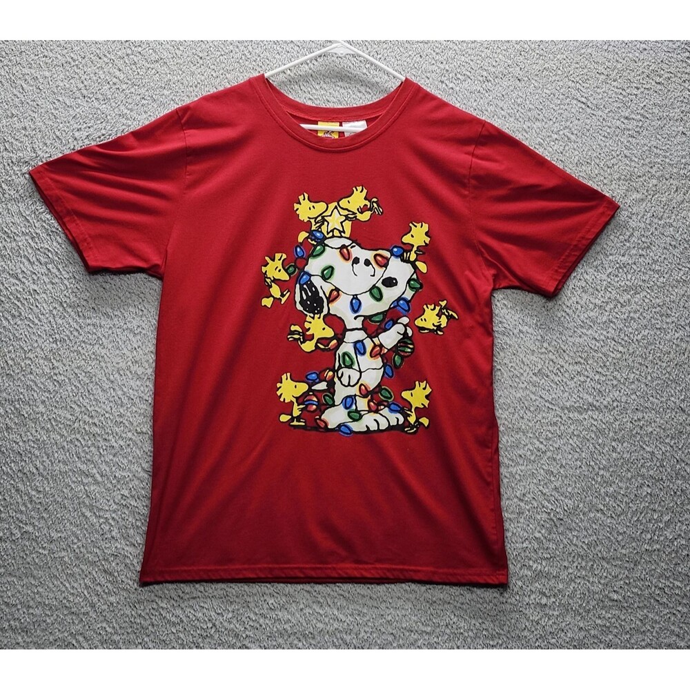 Vintage Peanuts Snoopy Woodstock Christmas T-Shirt Red Men’s Large Holiday